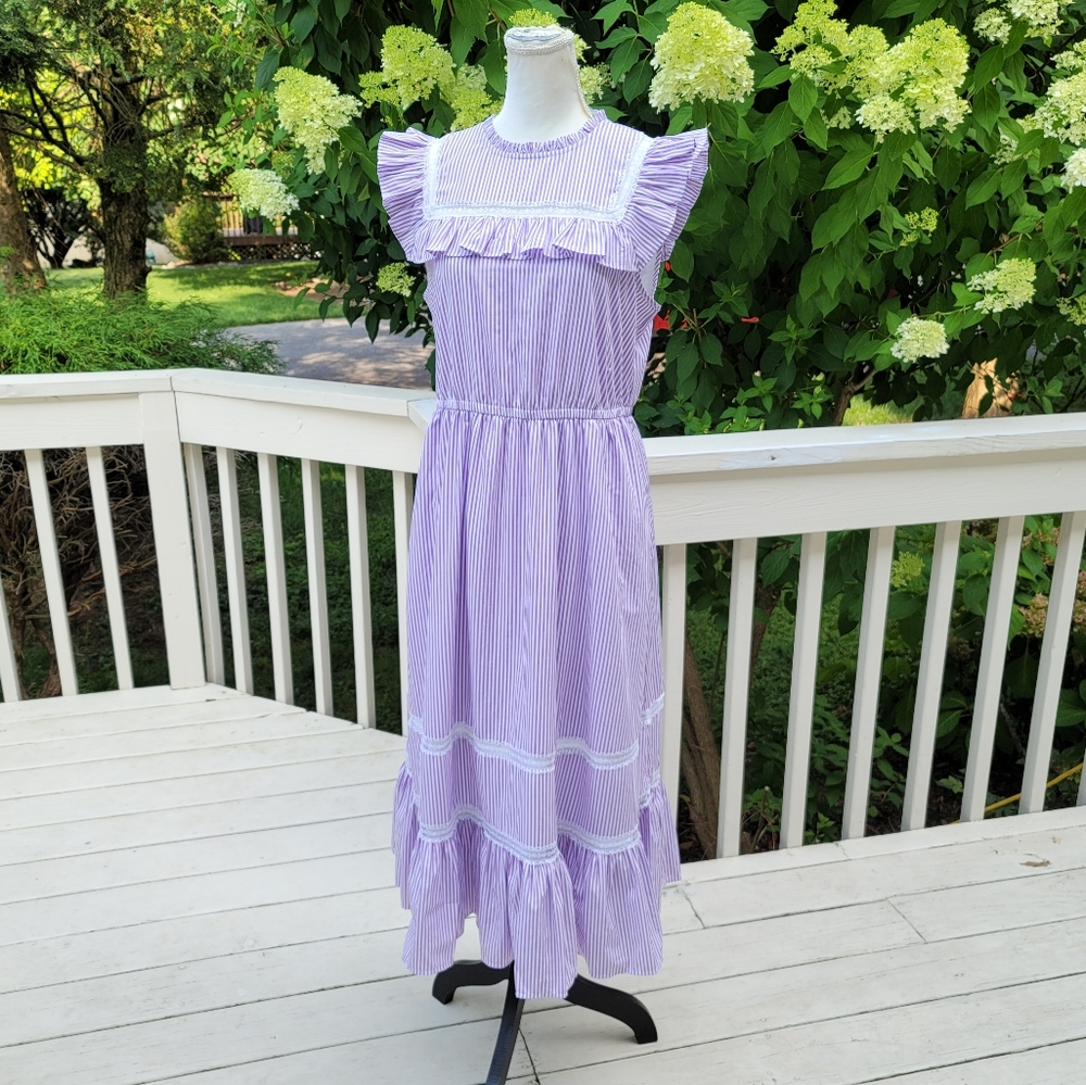 J Crew Tiered Ruffle Dress Stripe Rustic Purple - Picture 3 of 10